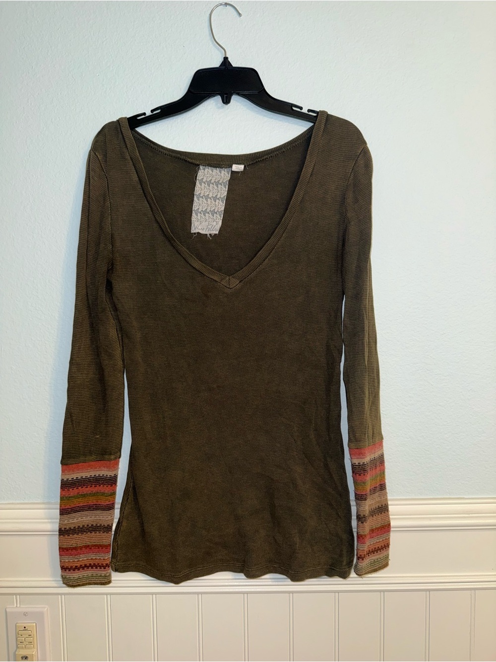 Others Follow Olive V-Neck Long Sleeve Top with Multicolor Striped Cuffs